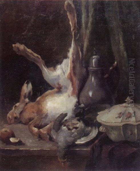 Jagdstilleben Mit Erlegtem Hasen, Fasan, Fayenceterrine Und Zinnkanne Oil Painting by Hans Mathis