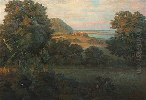 Landscape With A Forest And A Small Fishing Village On The Coast Oil Painting by Carl Mathorne