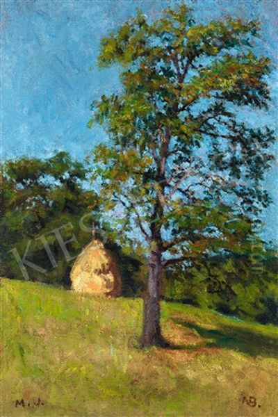 Nagybanya Landsape With Haystack Oil Painting by Jeno Maticska