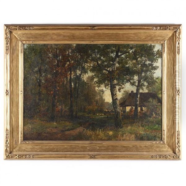 A Woodland Cottage Oil Painting by Louis Remy Matifas