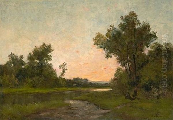 A River Landscape At Sunset Oil Painting by Louis Remy Matifas