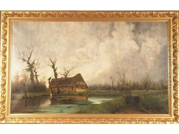 Paysage De Picardie : Chaumiere A La Mare Oil Painting by Louis Remy Matifas