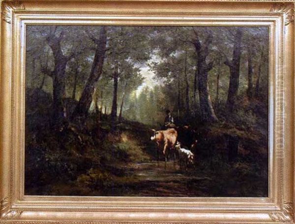 Troupeau Dans Le Sous-bois (in Collab. W/lefevre) Oil Painting by Louis Remy Matifas