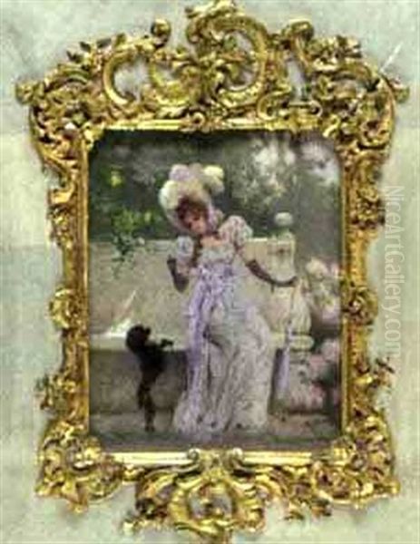 Elegant Ladies With Their Dogs (pair) Oil Painting by Albert Matignon