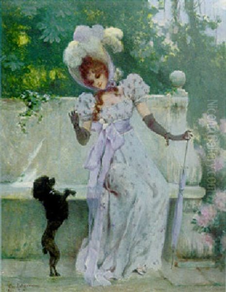 An Elegant Lady With Her Poodle Oil Painting by Albert Matignon