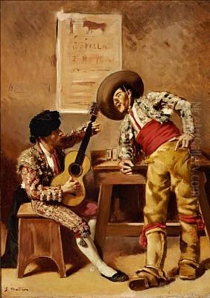 A Bullfighter And A Guitarist In A Tap Room In Seville Oil Painting by Segundo Matilla Marina