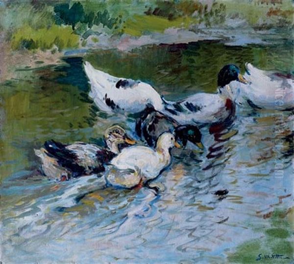 Patos En Un Estanque - Ducks On A Pond Oil Painting by Segundo Matilla Marina