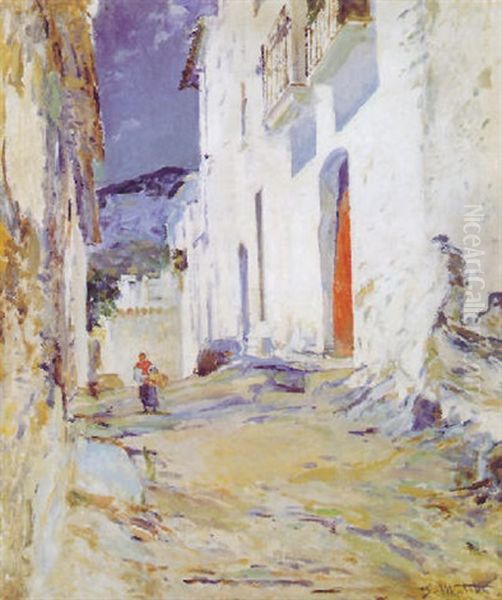 Calle De Pueblo Con Casas Encaladas Oil Painting by Segundo Matilla Marina