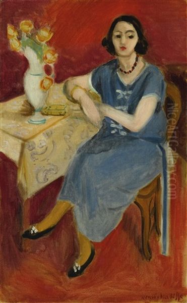 Femme En Bleu A Table, Fond Rouge Oil Painting by Henri Matisse