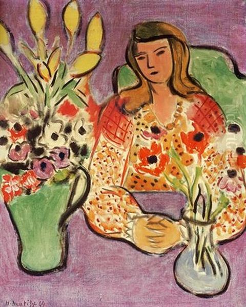 Jeune Fille Aux Anemones Sur Fond Violet (jeune Fille Blonde Sur Fond Violet) Oil Painting by Henri Matisse