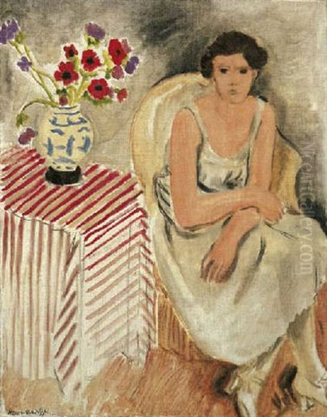 Femme Sur Un Fauteuil - Fleurs Sur La Table, Ou Les Oeillets Oil Painting by Henri Matisse