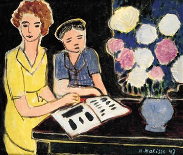 La Lecture (deux Fillettes, Bouquet De Pivoines Sur Fond Noir Oil Painting by Henri Matisse