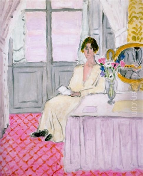 Femme Lisant Devant Une Table Et Bouquet, Nice Oil Painting by Henri Matisse