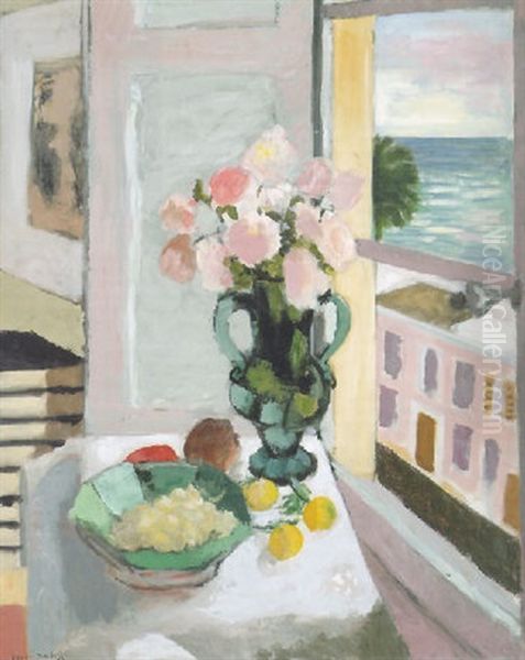 Les Roses Safrano (nature Morte Devant La Fenetre Ouverte, Nice, Place Charles-felix) Oil Painting by Henri Matisse