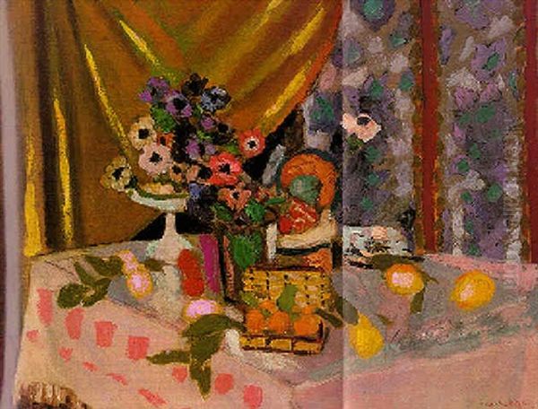 Nature Morte, Nappe Rose, Vase D'anemones, Citrons Et Ananas Oil Painting by Henri Matisse