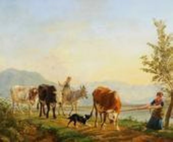 Kuhe Und Junge Hirten Auf Dem Heimweg Oil Painting by Jean Baptiste Berre