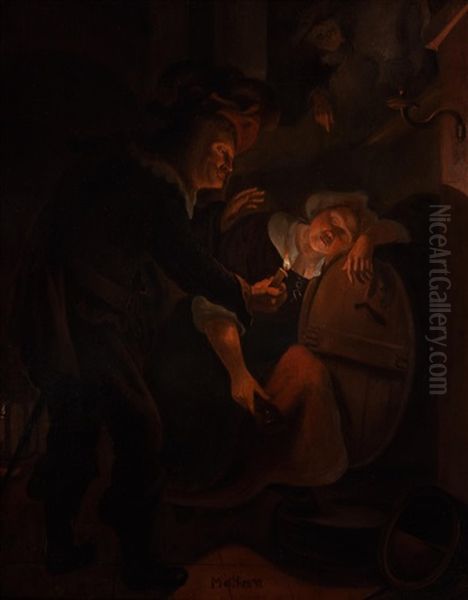 Maid In A Cellar Fallen Asleep By A Wine Cask And Found Out By Her Master Oil Painting by Bartholomeus Maton