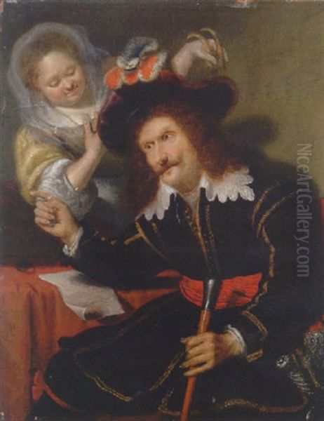 A Gentleman In Fancy Dress Mocked By A Lady Standing Behind Him Oil Painting by Bartholomeus Maton