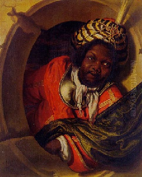 Portrait Of A Moor Holding A Flag At Window Oil Painting by Bartholomeus Maton