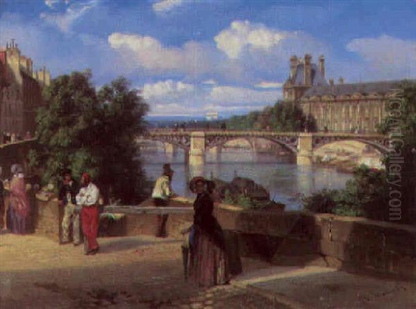 Elegant Figures By The Pont Des Arts, With The Palais Du Louvre Beyond, Paris Oil Painting by Louis Matout