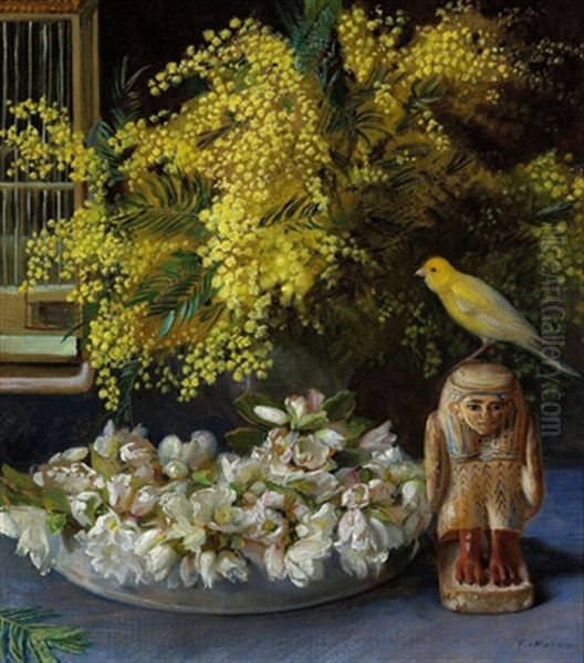 Stilleben Mit Mimosen, Schneerosen, Agyptischer Figur Und Kanarienvogel Oil Painting by Franz Von Matsch