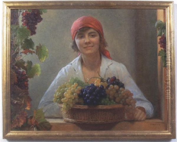 Therese Matsch With Grapes Oil Painting by Franz Von Matsch