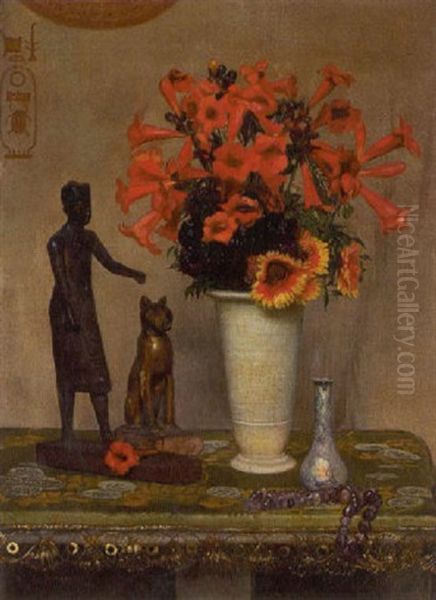 Stilleben Mit Blumenstraus Und Agyptischen Gottheiten Oil Painting by Franz Von Matsch