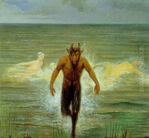 Ein Faun Ging Baden Oil Painting by Franz Von Matsch