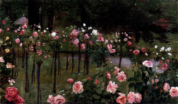 Parkinterior Med Rosa Uppstammade Rosor Oil Painting by Franz Von Matsch