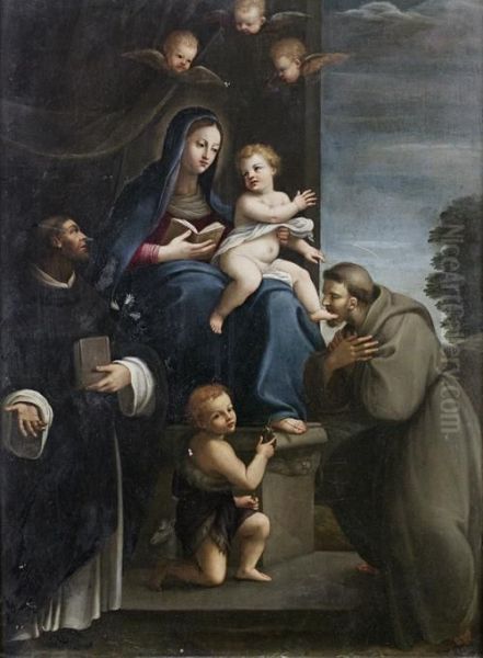 The Madonna And Child With The Infant Saintjohn The Baptist And Saints Dominic And Francis Oil Painting by Niccolo Berrettoni