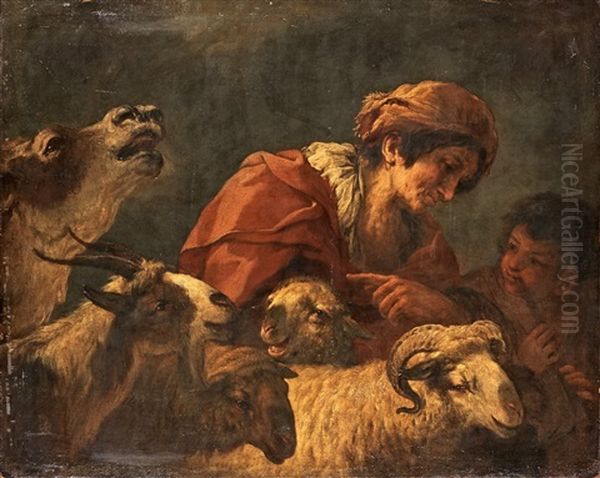 Gypsy With Cattle And A Boy Playing A Flute Oil Painting by Paolo de Matteis