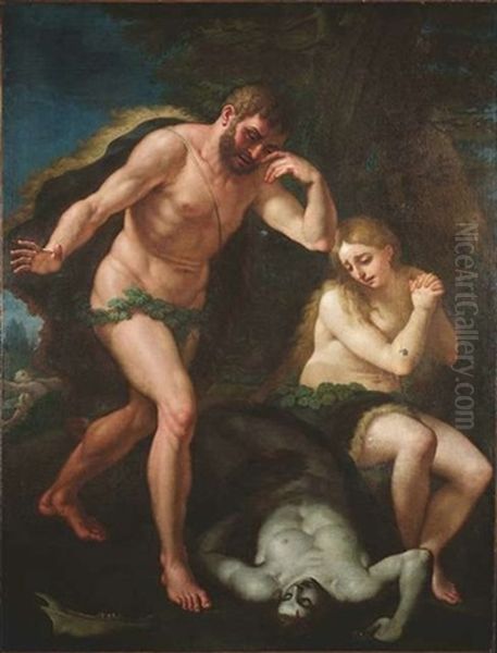 Adam Und Eva Beweinen Den Ermordeten Abel. Im Vordergrund Liegt Neben Dem Erschlagenem Sohn Die Tatwaffe, Ein Eselskinnbacken (ri 15,9 Ss), Im Hintergrund Links Der Fluchtende Kain Oil Painting by Paolo de Matteis