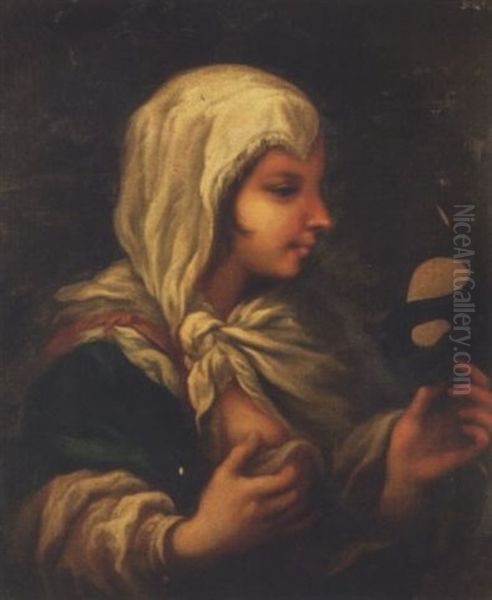 A Young Woman In A White Smock And A Blue Cloak, Holding A Carnival Mask by Paolo de Matteis