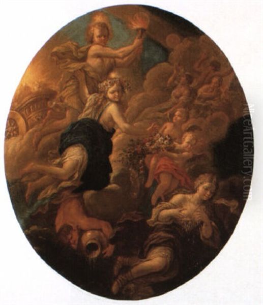 Apollo, Flora, Juno And Other Classical Deities In The Heavens Oil Painting by Paolo de Matteis