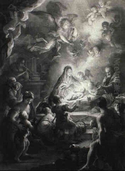 Adoration Of The Shepherds With Angels In An Interior Oil Painting by Paolo de Matteis