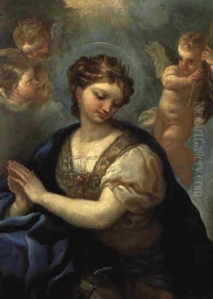 St. Catherine With An Angel And Cherubs Oil Painting by Paolo de Matteis