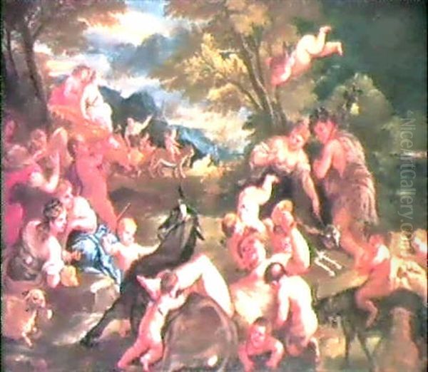 Bacchus With Ariadne In His Chariot Before The Drunken      Silenus Oil Painting by Paolo de Matteis