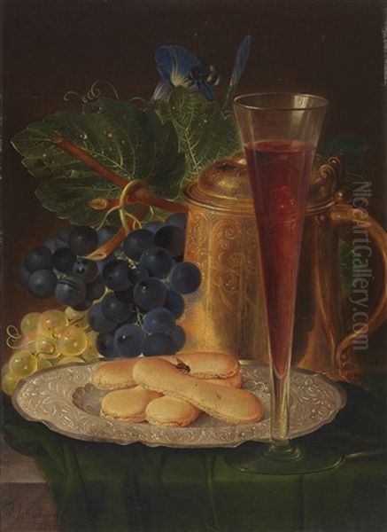 Stillleben Mit Prunkvollem Bierhumpen, Feinem Glas, Geback Und Weintrauben Oil Painting by Andreas Theodor Mattenheimer