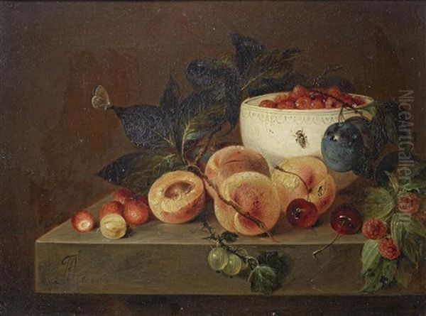 Peaches, Gooseberries, Cherries And Other Fruit On A Stone Ledge With A Bowl Of Raspberries; And Peaches, Grapes And Plums On A Stone Ledge (2) Oil Painting by Andreas Theodor Mattenheimer