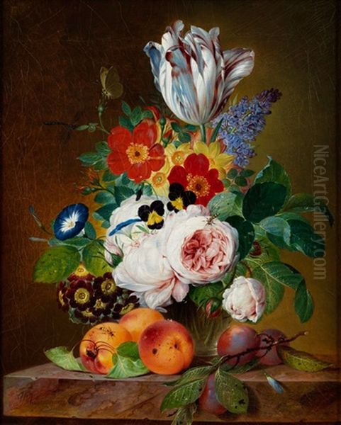 Blumenstillleben Mit Pfirsichen Und Pflaumen Oil Painting by Andreas Theodor Mattenheimer