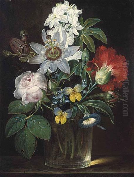 Roses, A Carnation, Forget-me-nots, Violets, Morning Glory, A Passion Flower And A Delphinium In A Glass Vase Oil Painting by Andreas Theodor Mattenheimer