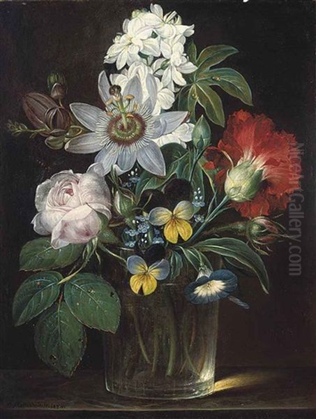 Roses, A Carnation, Forget-me-nots, Violets, Morning Glory, A Passion Flower And A Delphinium In A Glass Vase Oil Painting by Andreas Theodor Mattenheimer