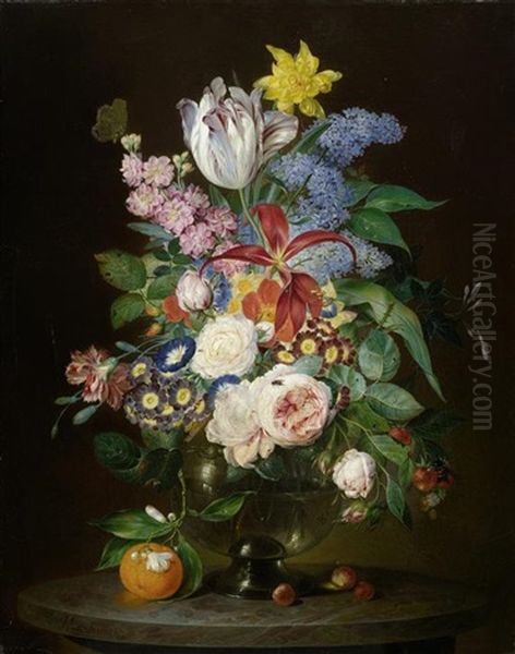 Prachtiges Blumenstillleben Mit Insekten Oil Painting by Andreas Theodor Mattenheimer