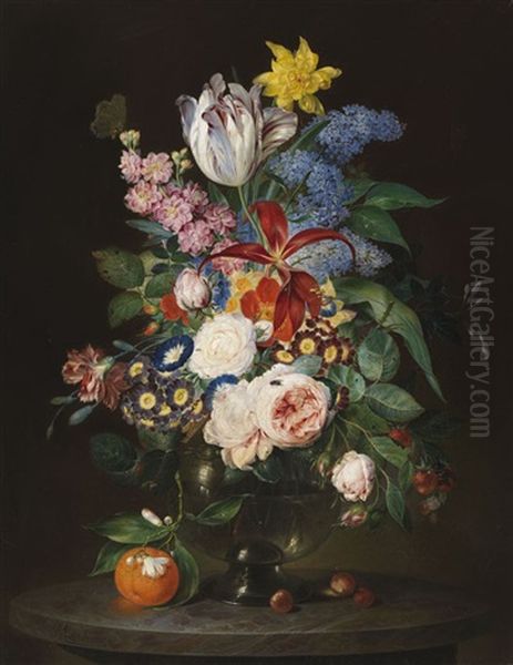 Prachtiges Blumenstillleben Mit Insekten Oil Painting by Andreas Theodor Mattenheimer