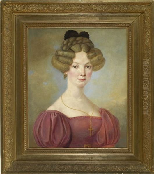 Portrait Einer Jungen Dame In Altrosafarbenem Biedermeierkleid Und Hochgesteckten Haaren Oil Painting by Andreas Theodor Mattenheimer