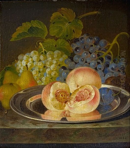 Stillleben Mit Blumen In Einer Glasvase (+ Stillleben Mit Fruchten Auf Einer Steinplatte, 1824, Signed; Pair) Oil Painting by Andreas Theodor Mattenheimer