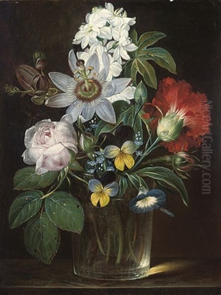 Roses, A Carnation, And Forget-me-nots Oil Painting by Andreas Theodor Mattenheimer