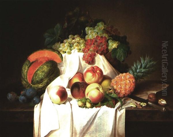 Obststilleben Auf Marmorgesims by Andreas Theodor Mattenheimer