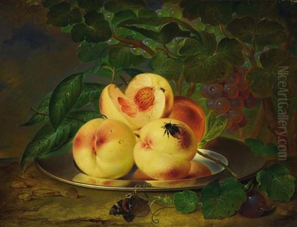 Still Life With Peaches, Grapes And Insect Oil Painting by Andreas Theodor Mattenheimer