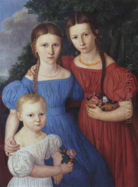 Gruppenbildnis Dreier Kinder Vor Landschaftshintergrund Oil Painting by Andreas Theodor Mattenheimer